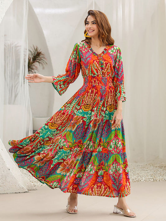 Women Multi-Color Cotton V-Neck Dress