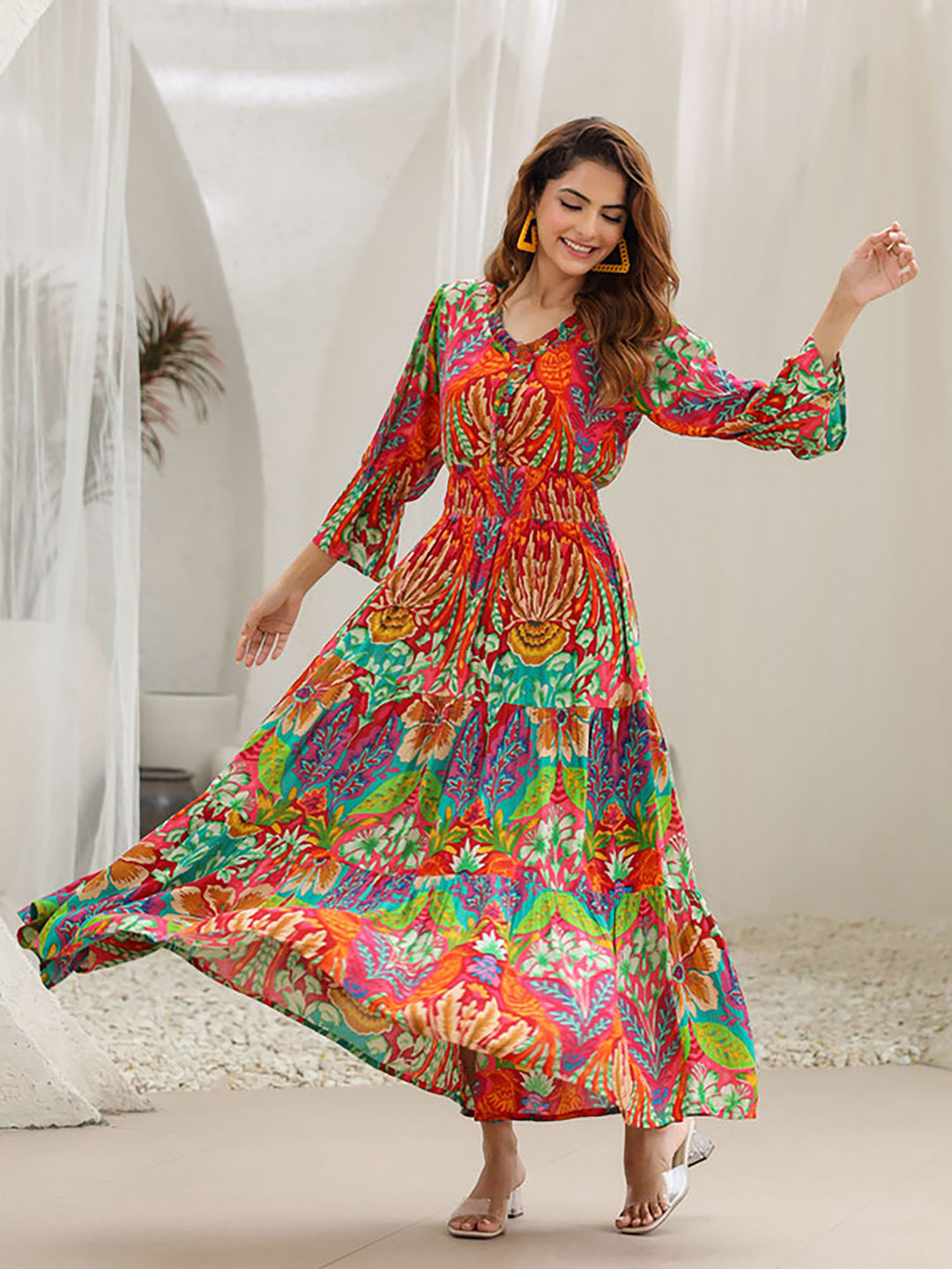 Women Multi-Color Cotton V-Neck Dress