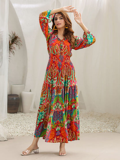 Women Multi-Color Cotton V-Neck Dress