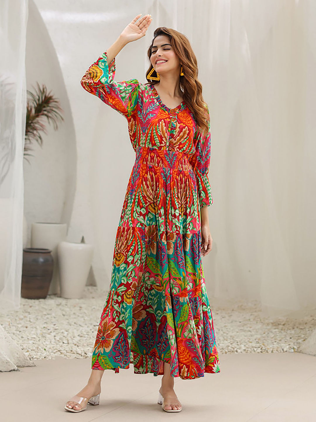 Women Multi-Color Cotton V-Neck Dress