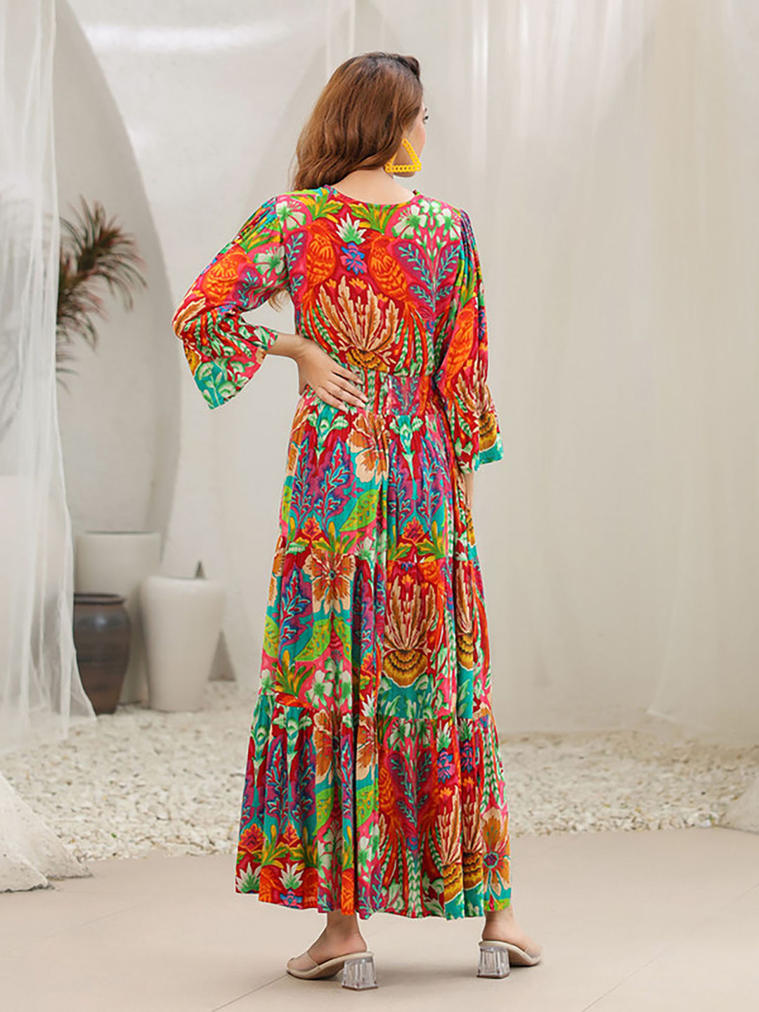 Women Multi-Color Cotton V-Neck Dress