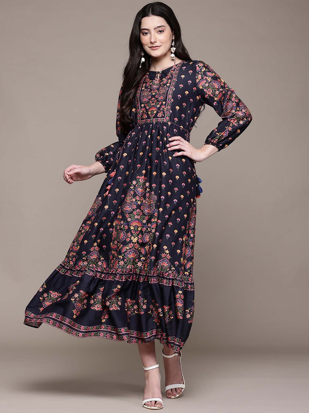 Women Navy Blue Floral Midi Dress