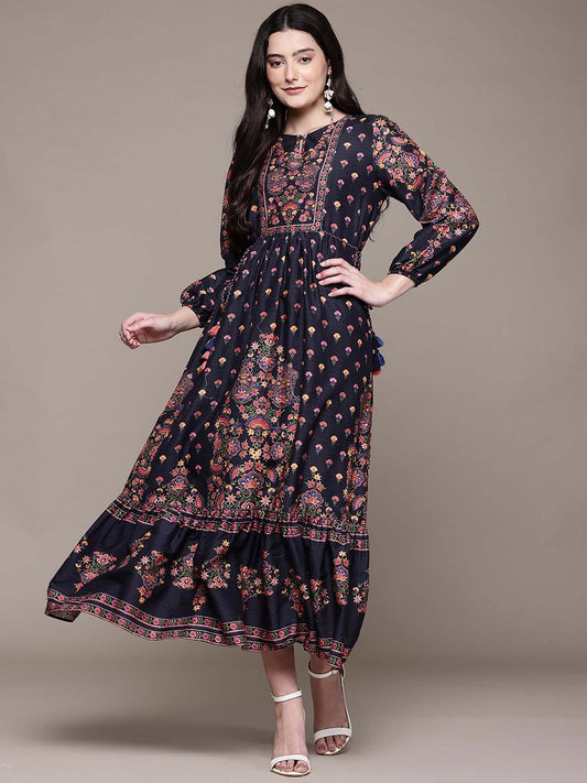 Women Navy Blue Floral Midi Dress