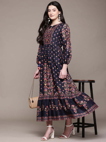 Women Navy Blue Floral Midi Dress
