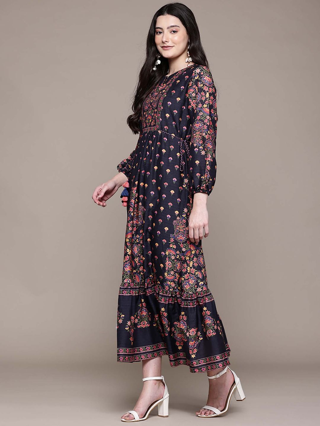 Women Navy Blue Floral Midi Dress