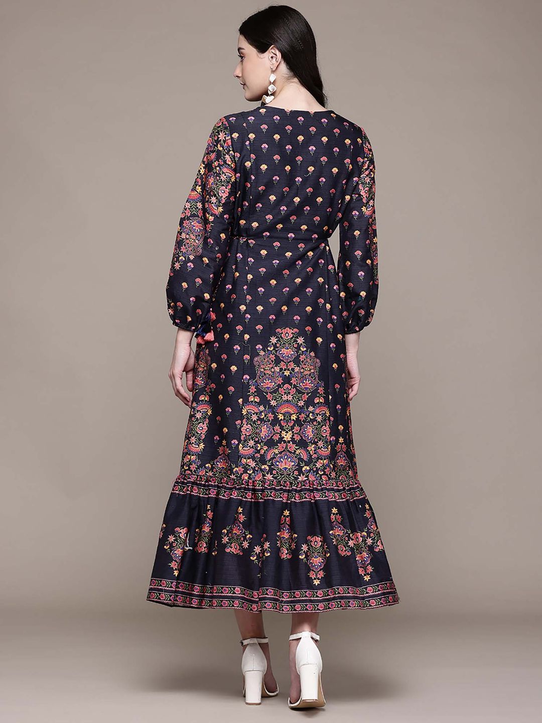 Women Navy Blue Floral Midi Dress