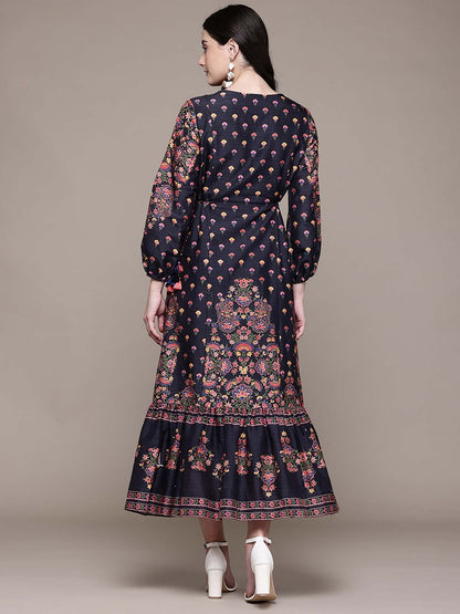 Women Navy Blue Floral Midi Dress