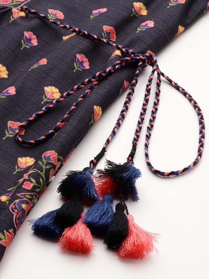 Women Navy Blue Floral Midi Dress