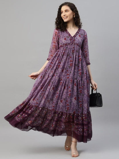 Women Purple Chiffon Floral Dress