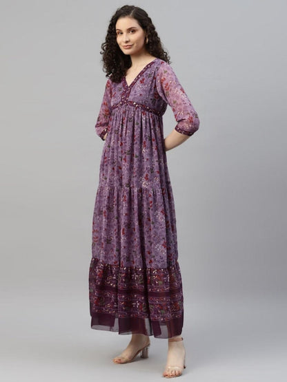 Women Purple Chiffon Floral Dress