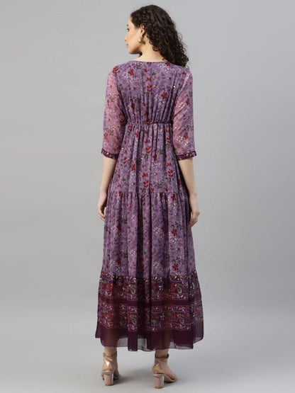 Women Purple Chiffon Floral Dress