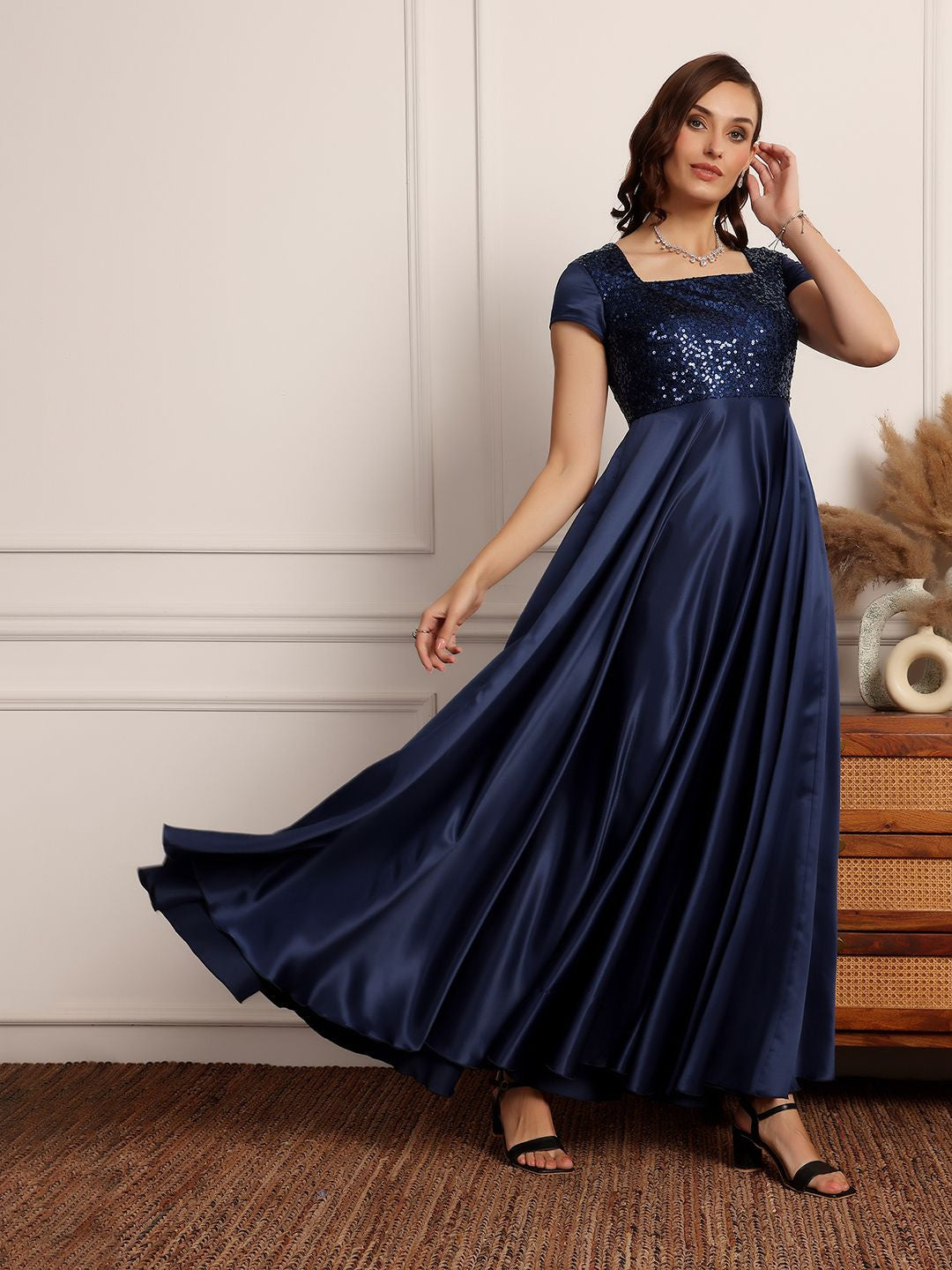 Women Sequined Embellished Fit and Flare Maxi Dress