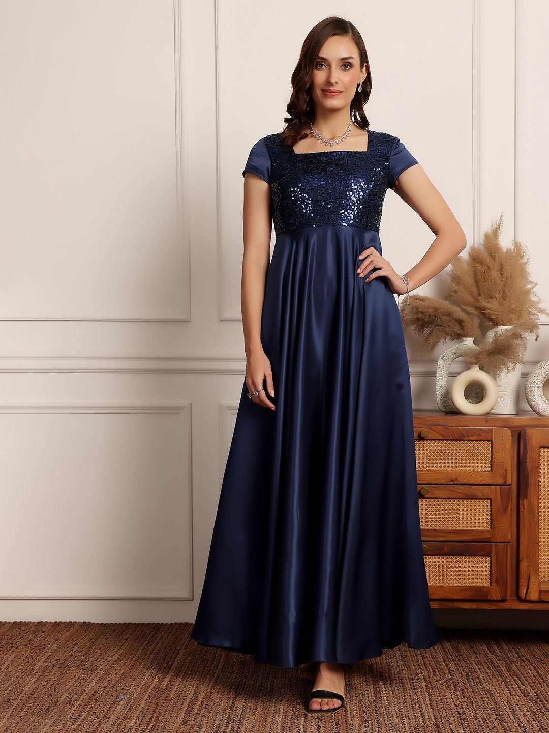 Women Sequined Embellished Fit and Flare Maxi Dress