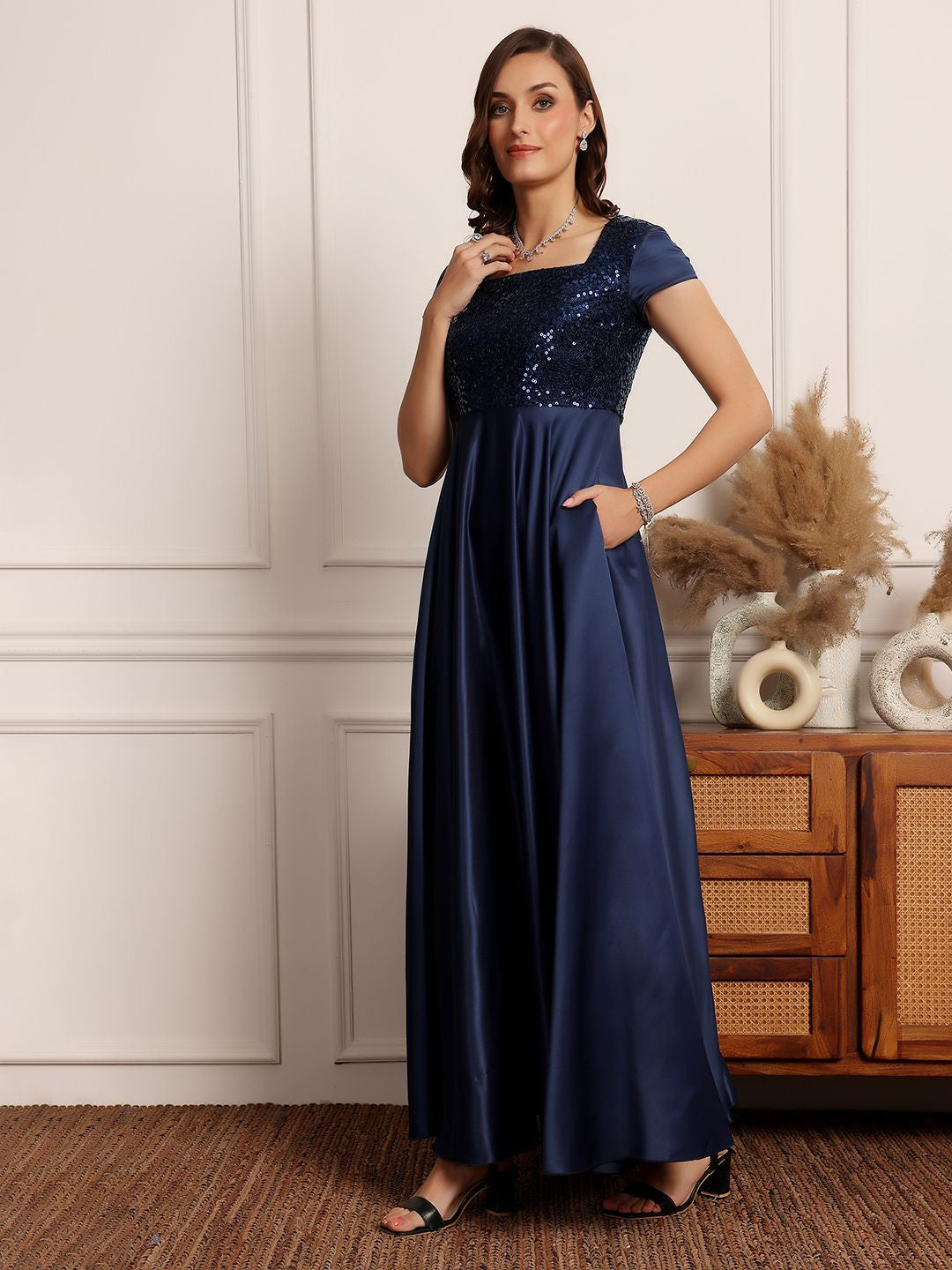 Women Sequined Embellished Fit and Flare Maxi Dress