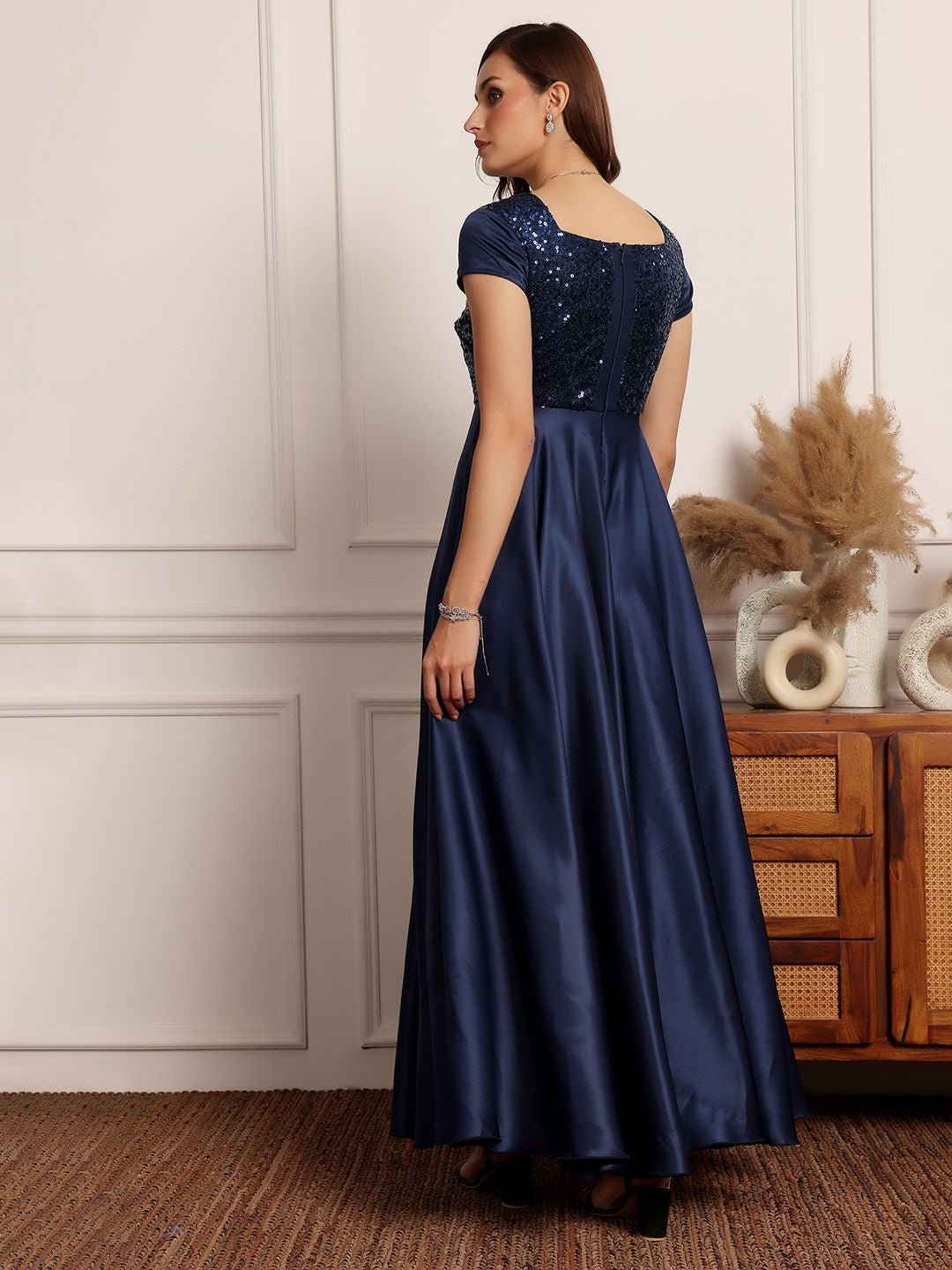 Women Sequined Embellished Fit and Flare Maxi Dress