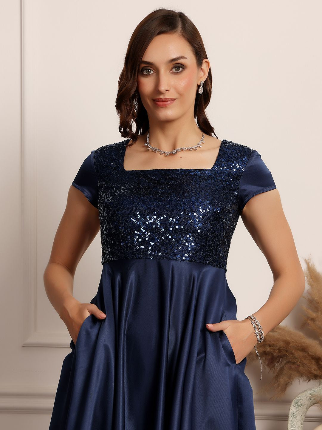 Women Sequined Embellished Fit and Flare Maxi Dress