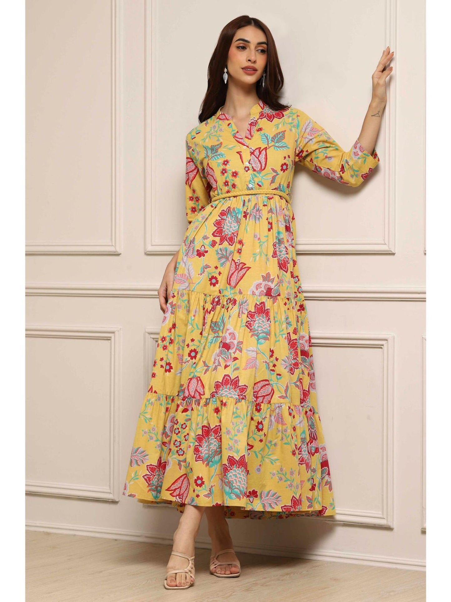 Women Yellow Cotton Dress with Belt (Set of 2)