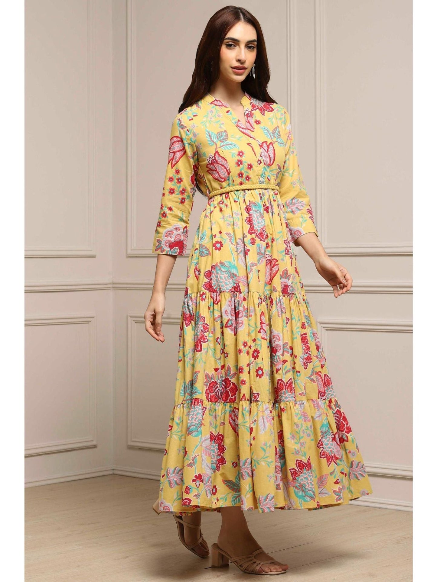 Women Yellow Cotton Dress with Belt (Set of 2)