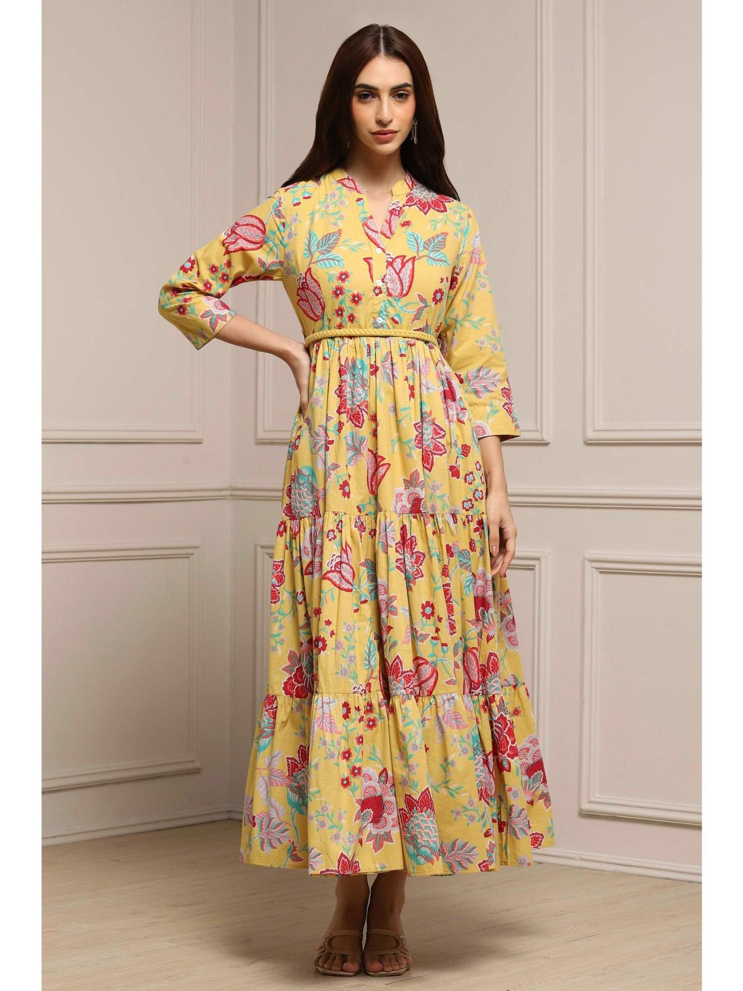Women Yellow Cotton Dress with Belt (Set of 2)