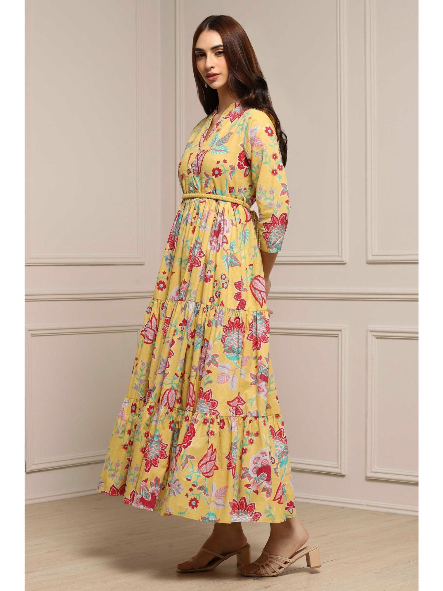 Women Yellow Cotton Dress with Belt (Set of 2)