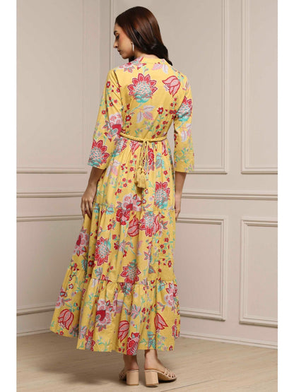 Women Yellow Cotton Dress with Belt (Set of 2)