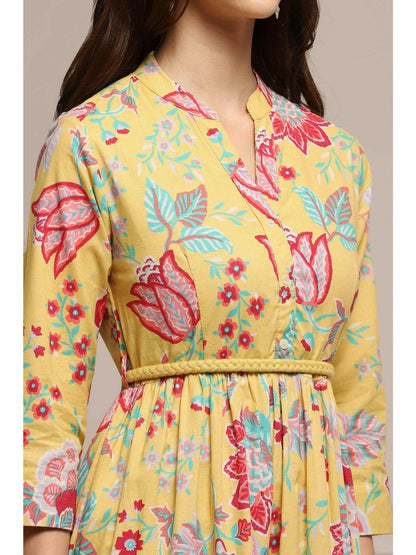 Women Yellow Cotton Dress with Belt (Set of 2)