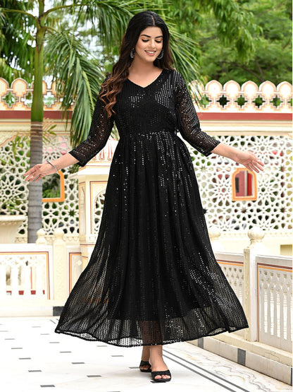 Womens Black Sequence V-Neck Flared Maxi Ethnic Dress