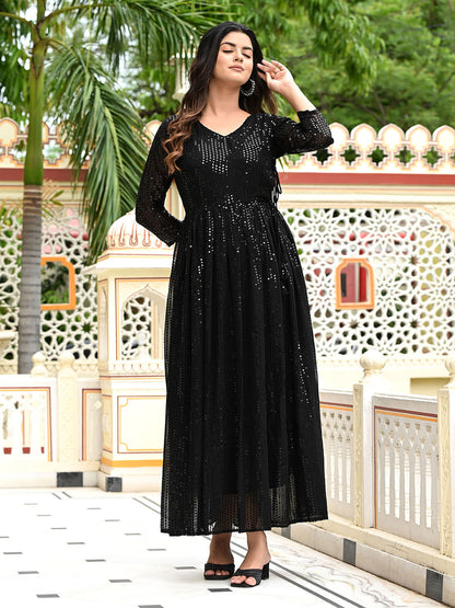 Womens Black Sequence V-Neck Flared Maxi Ethnic Dress