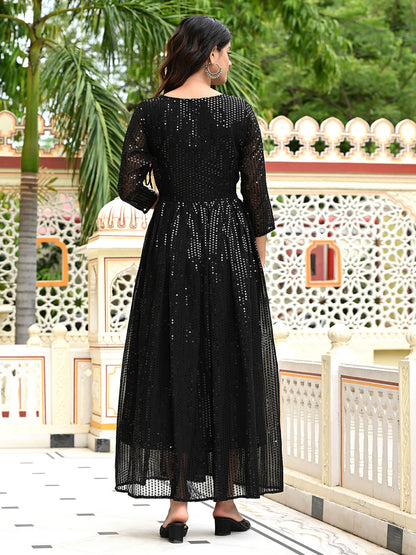 Womens Black Sequence V-Neck Flared Maxi Ethnic Dress