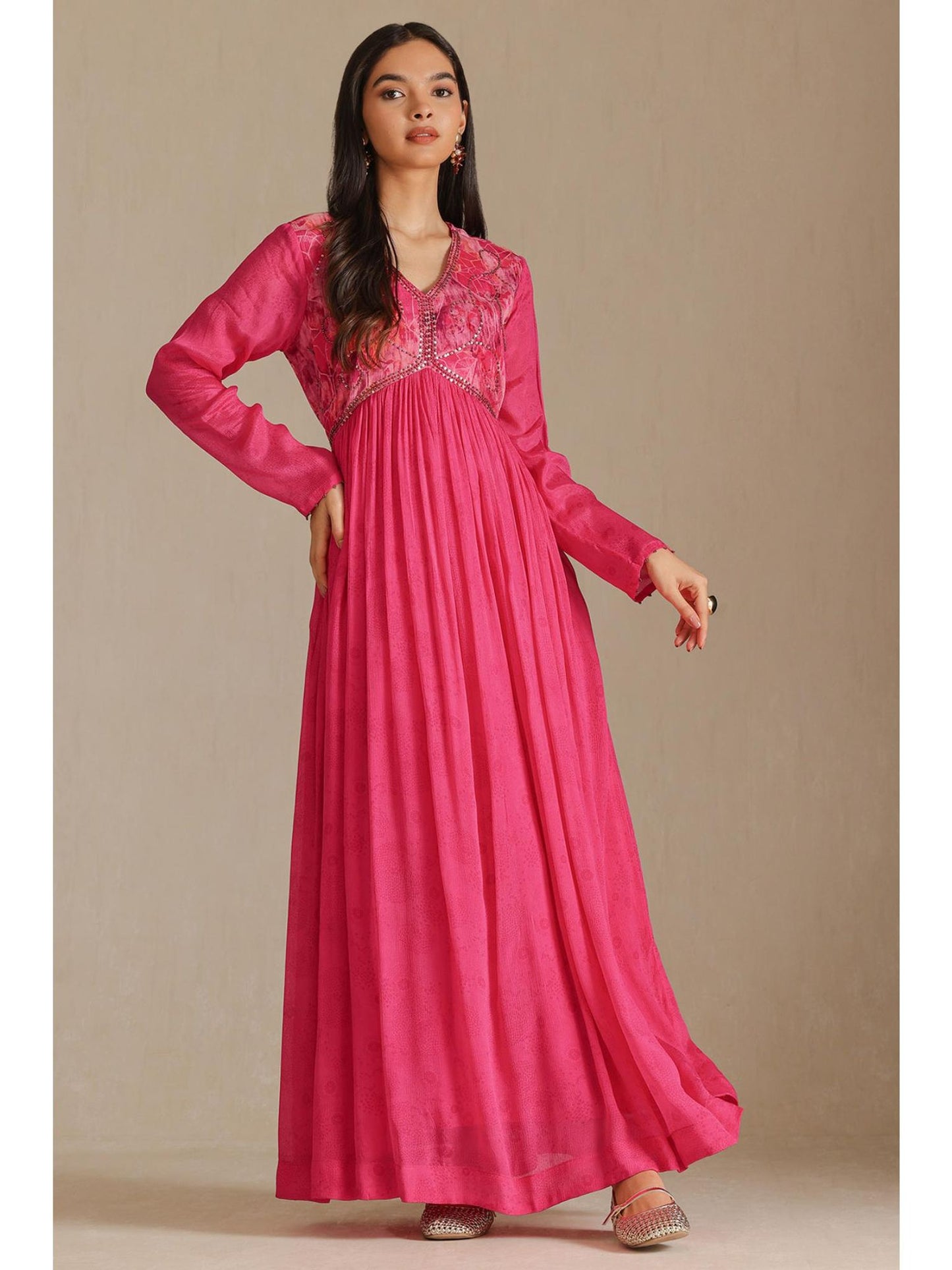 Womens Fuchsia Chinon Floral Print Dress With Beads