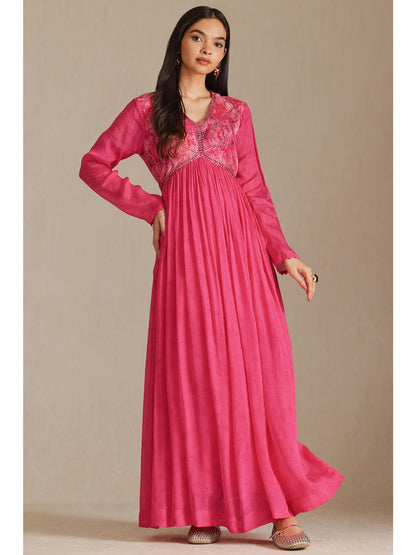 Womens Fuchsia Chinon Floral Print Dress With Beads