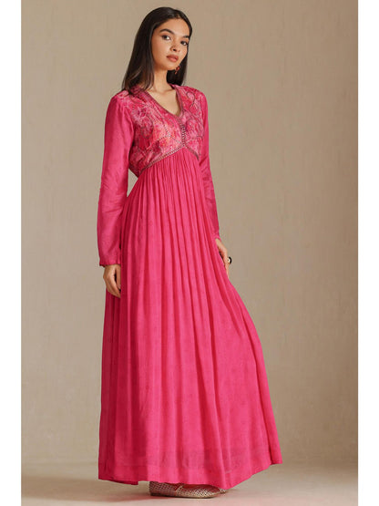 Womens Fuchsia Chinon Floral Print Dress With Beads