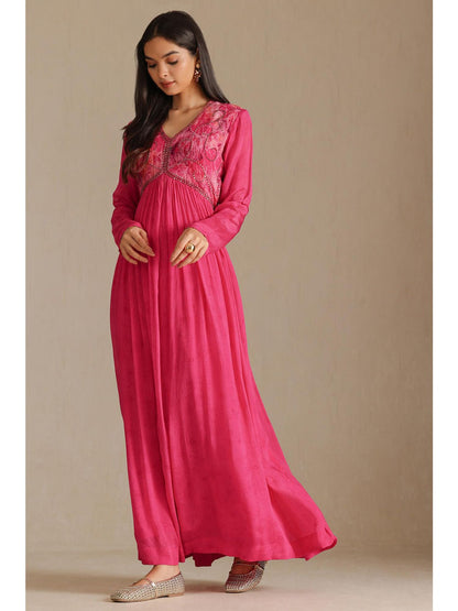 Womens Fuchsia Chinon Floral Print Dress With Beads