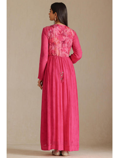 Womens Fuchsia Chinon Floral Print Dress With Beads