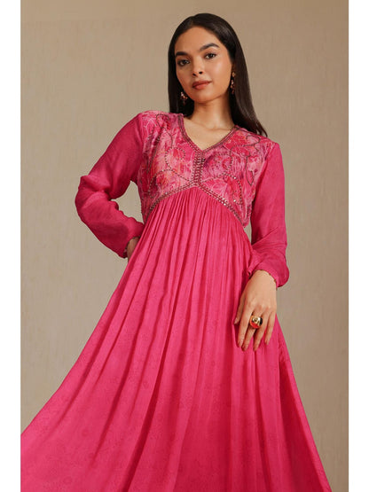 Womens Fuchsia Chinon Floral Print Dress With Beads