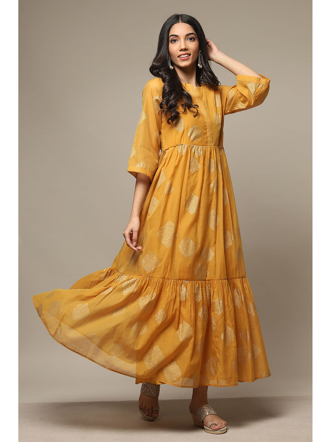Womens Golden Yellow Printed Poly Chanderi Tired Dress