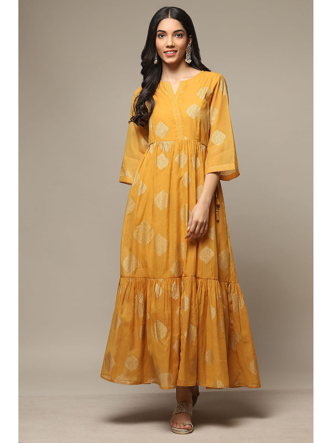 Womens Golden Yellow Printed Poly Chanderi Tired Dress