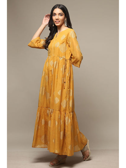 Womens Golden Yellow Printed Poly Chanderi Tired Dress