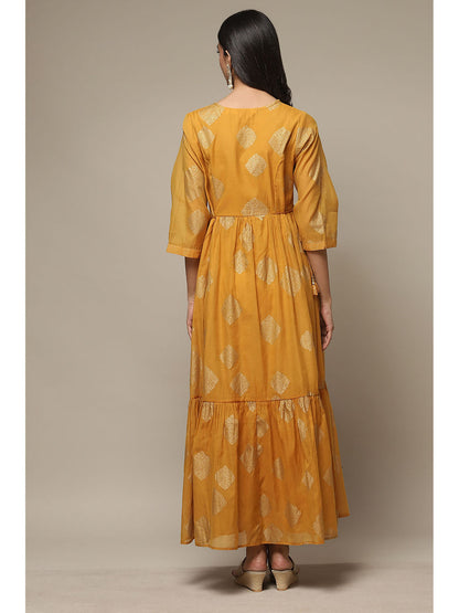 Womens Golden Yellow Printed Poly Chanderi Tired Dress