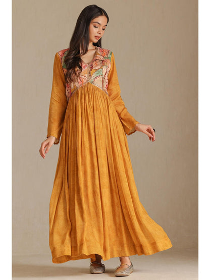 Womens Mustard Chinon Printed Sequins Dress