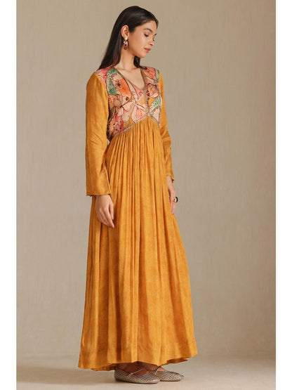 Womens Mustard Chinon Printed Sequins Dress