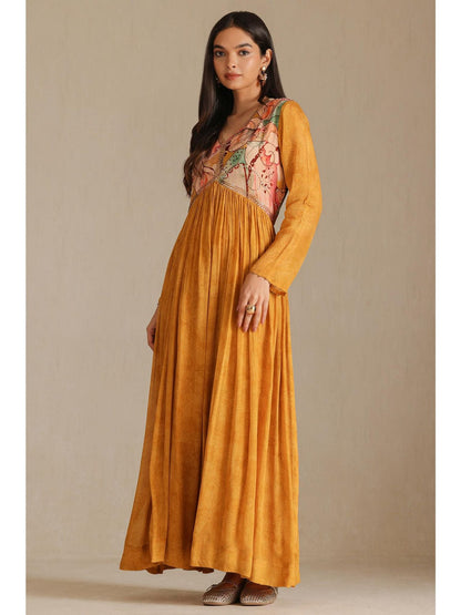 Womens Mustard Chinon Printed Sequins Dress