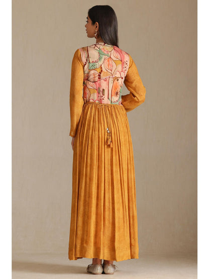 Womens Mustard Chinon Printed Sequins Dress