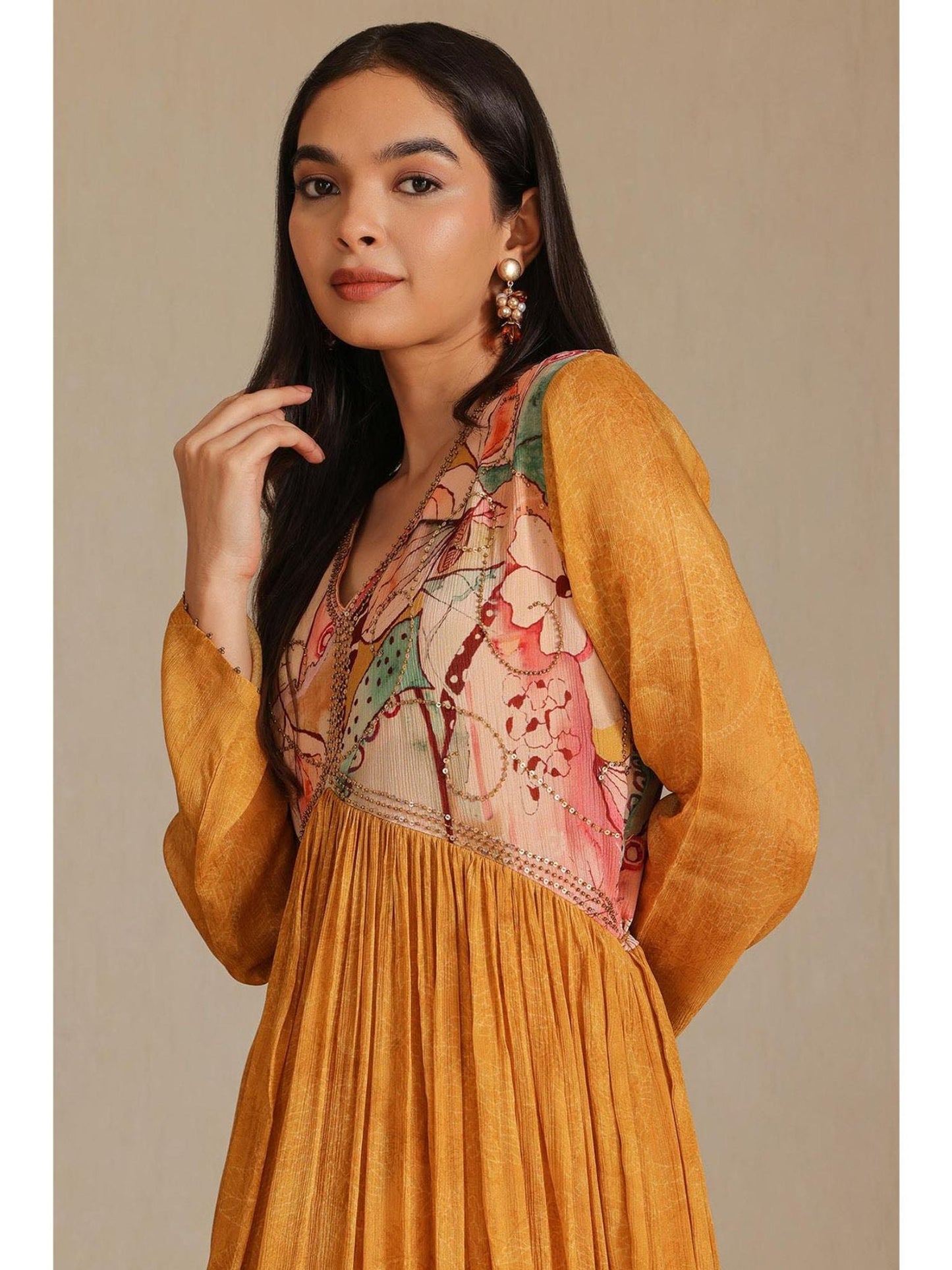 Womens Mustard Chinon Printed Sequins Dress