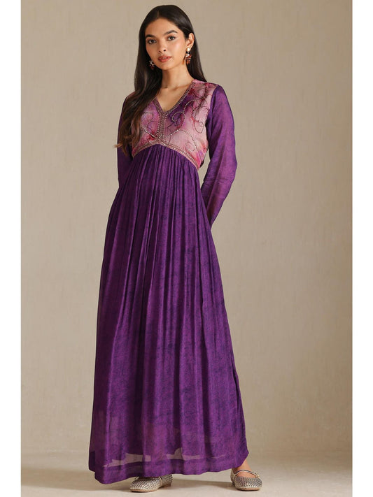 Womens Purple Chinon Printed Sequins Dress