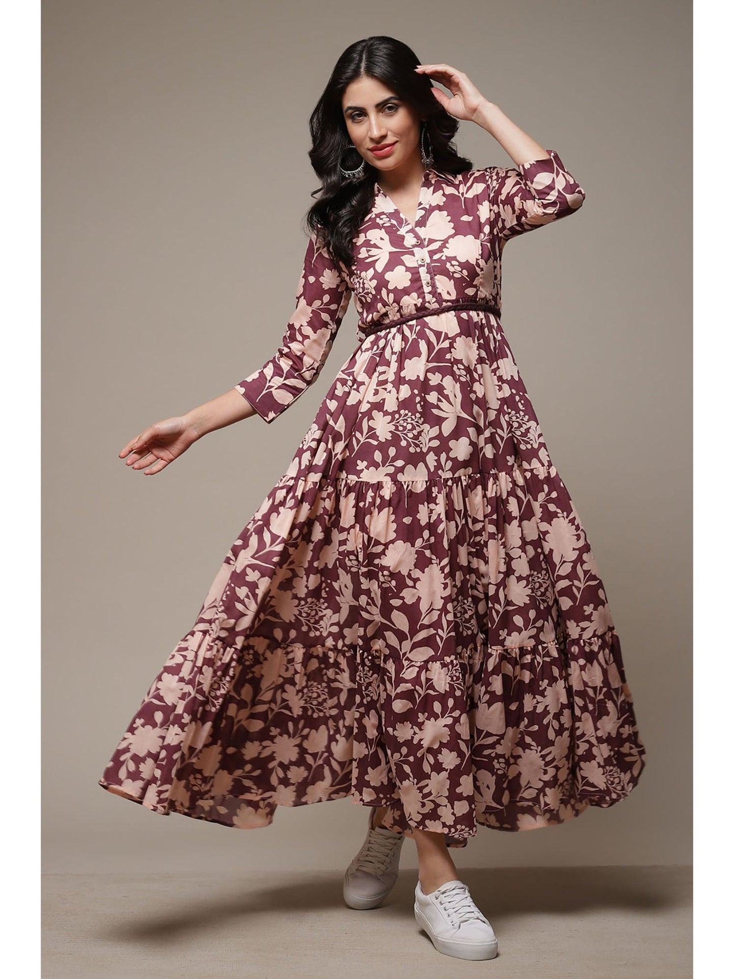 Womens Purple Printed Voile Tired Dress (Set of 2)