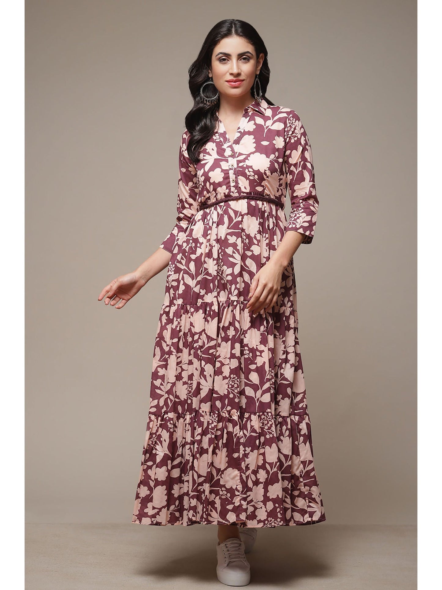 Womens Purple Printed Voile Tired Dress (Set of 2)