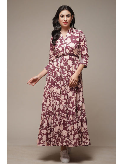 Womens Purple Printed Voile Tired Dress (Set of 2)