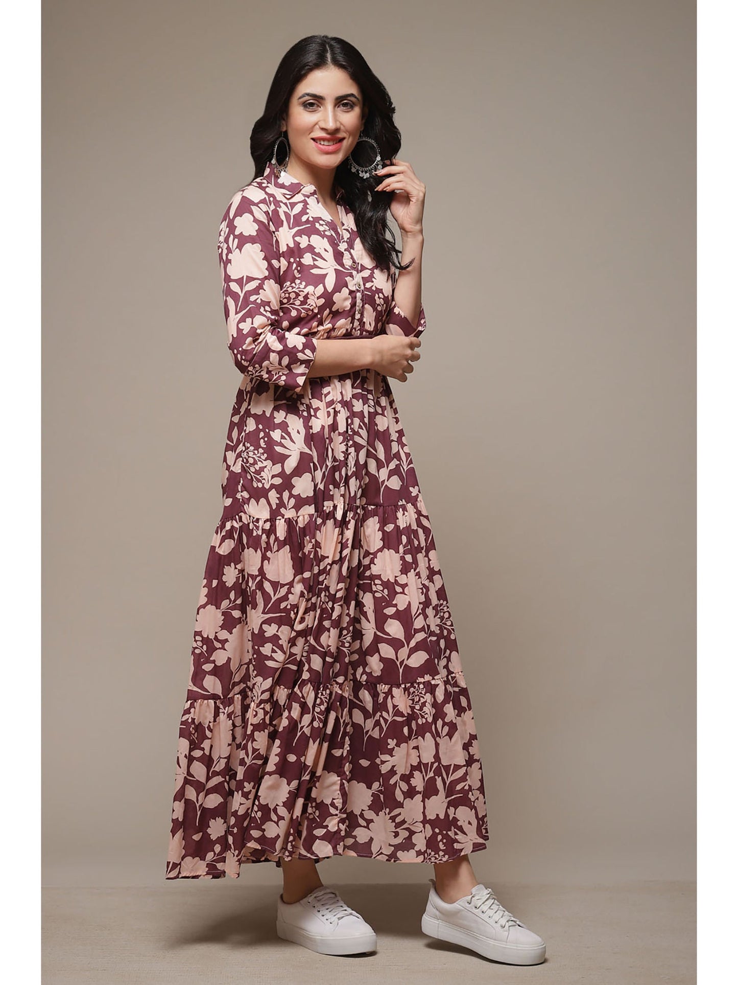 Womens Purple Printed Voile Tired Dress (Set of 2)