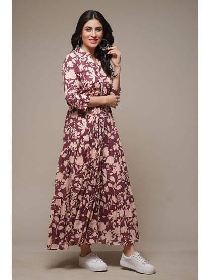 Womens Purple Printed Voile Tired Dress (Set of 2)